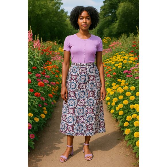 LOFT Linen Blend Mosaic Midi Wrap Skirt Womens Size 14 Violet Event Cottage - Picture 1 of 12